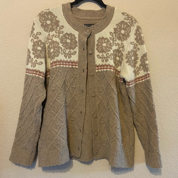 Gudrun Sjoden Wool Blend Cardigan Sweater Cream Tan Scalloped Floral Sz Small - Picture 2 of 7